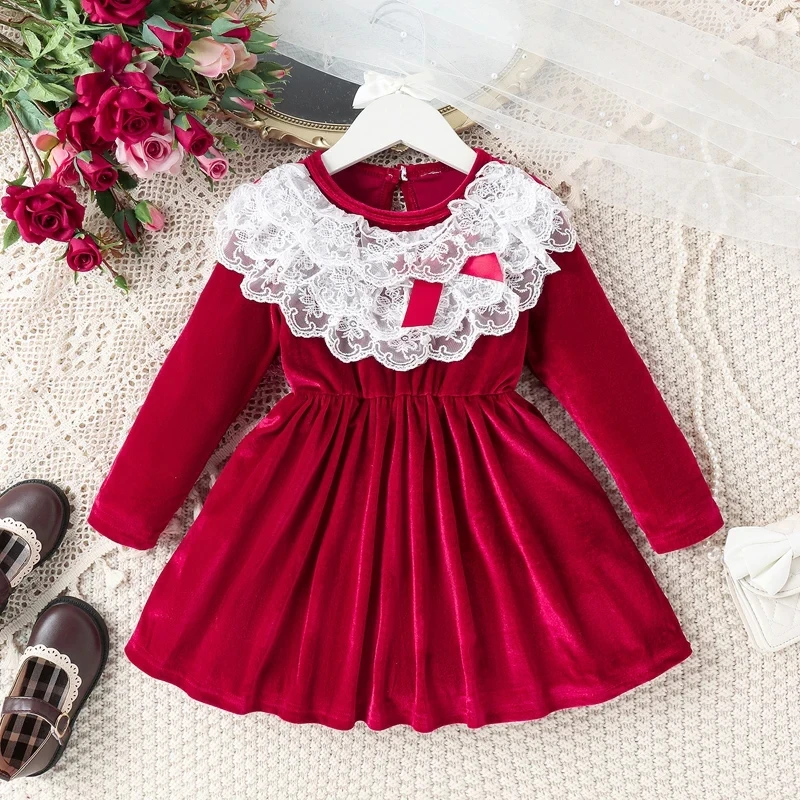 2024 Fashion 4-7y Autumn Little Girl Christmas Velvet Dress Long Sleeve  Round Neck Layered Lace Ruffled A-line Dress - Buy Little Girl Christmas  Velvet Dress,A-line Dress Product on Alibaba.com