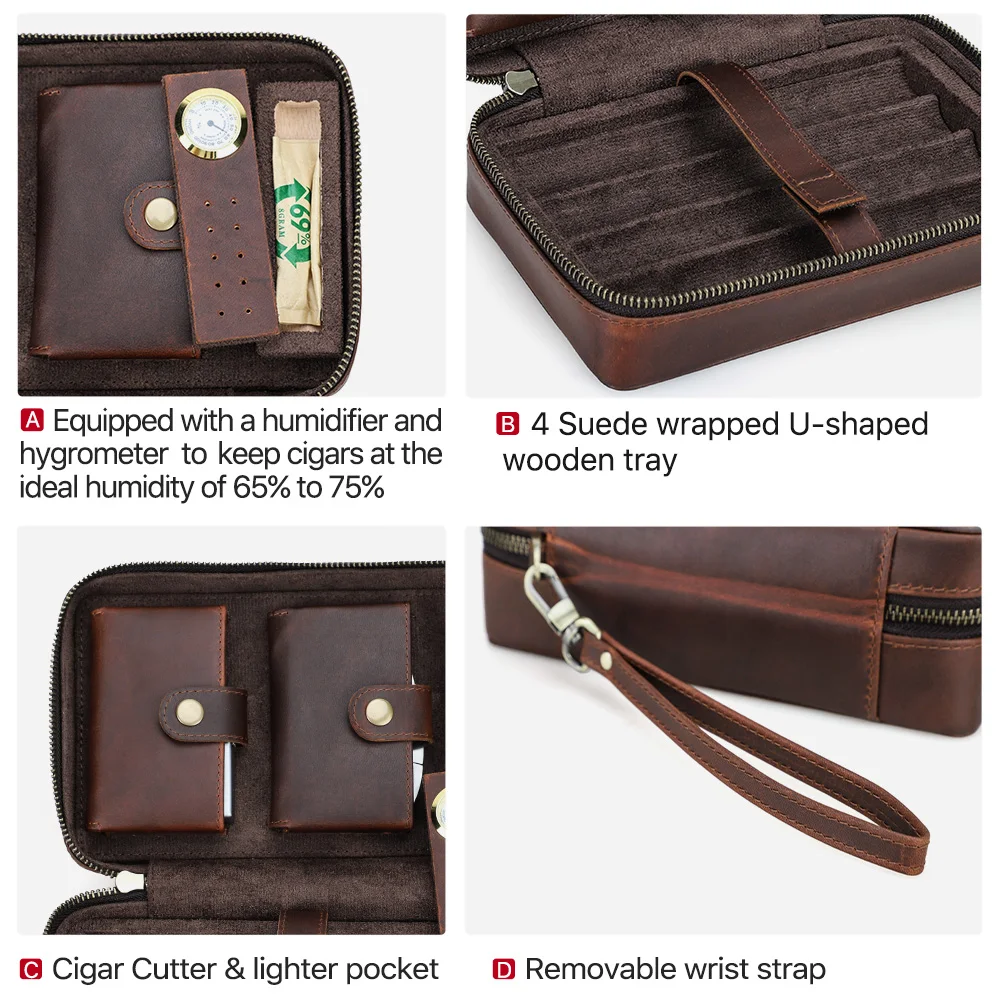 Custom Embossed Logo Travel Cigar Humidor Case Genuine Leather Cigar Storage Box for 4 Cigars with Digital Hygrometer CF5022