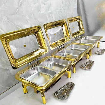 9L round Gold Chafer Dish Luxury Stainless Steel Buffet Food Warmer Electric Catering Burners Hotel Restaurant Use Arabic Style