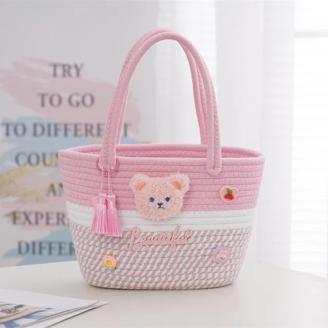 Women's Pink Fresh Cotton Storage Bag with Tassel Bear Letters Handmade Satchel for Living Room for Picnic or Wedding Ceremony