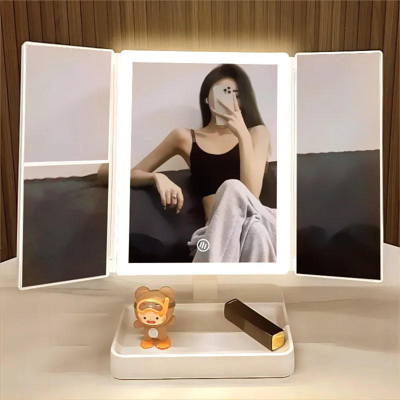 Hopfällbar sminkspegel LED-ljus 3-tonsljus sminkspegel 2X/3X förstoringsglas 360 graders justerbar uppladdningsbar