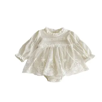 New style autumn baby girls lace romper dress puff sleeve princess style mesh jumpsuit infant clothes