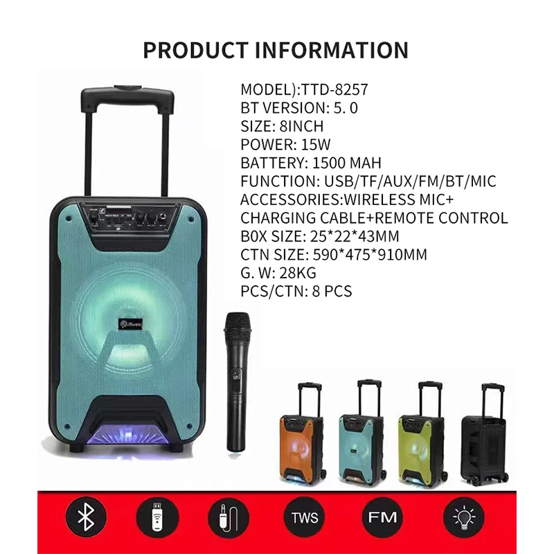Tianlai TTD-8257 Wireless Speaker - 8 Inch Portable Trolley