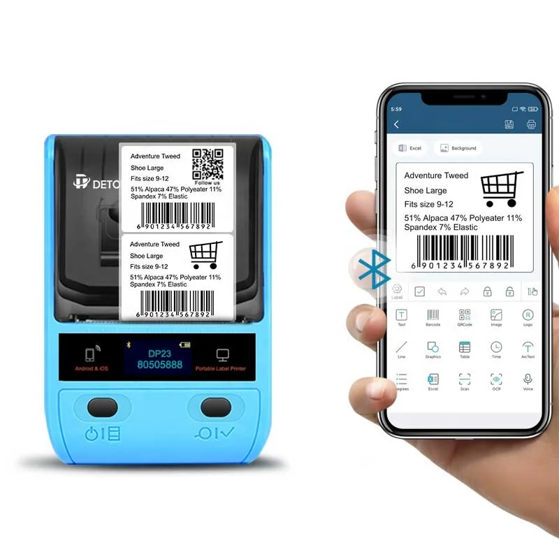 DETONGER Label Maker DP23P Thermal Portable Bluetooth Barcode Label Maker with 1 Pack 50x30mm Label Sticker for Home Office Organization Commercial Us : DETONGER DP23 Label Maker, Bluetooth Portable Thermal