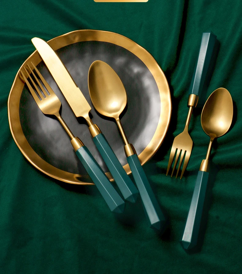 2022 Trendy Acrylic Handle Flatware High Quality Brushed Gold Cutlery