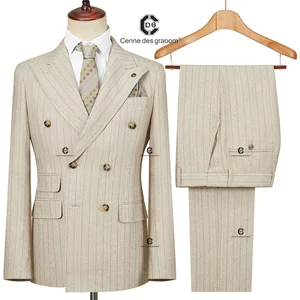 Cenne Des Graoom 2026 Double-Breasted Khaki Stripe Suits for Men Tailor-Made 2 Piece Set Jacket Pants Business Meeting Wedding