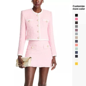 Custom Made Women's Long Sleeve Round Neck Short Jacket and A-Line Mini Skirt Suit Lady Sweet Pink Tweed 2-Piece Set