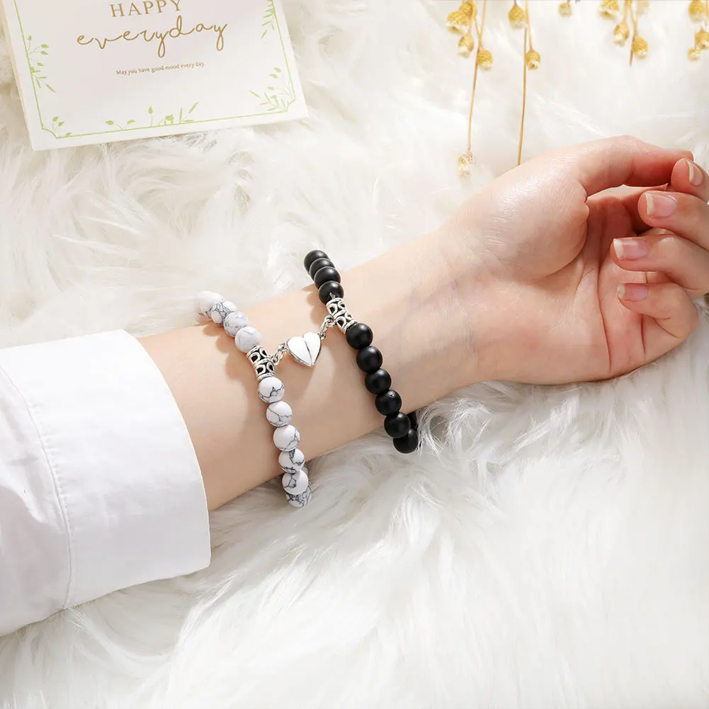2 Bracelets Pour Couple En Howlite Blanche Et Œil De Tigre - Ajustables - Neuf Avec Étiquettes