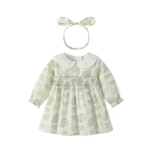 Girls Kids Casual Long Sleeve Loose Fit Dress Children's 100% Cotton Delicate Printed Ruffled Collar Skirt