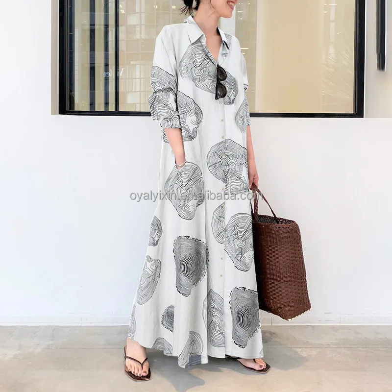 Yixin S-5xl Casual Dresses Linen Dress Printed Turn Down Collar Long ...