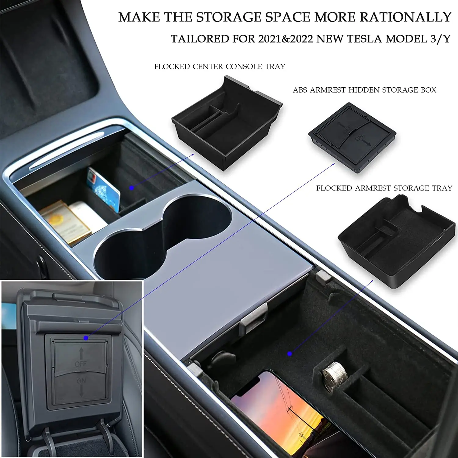 Model 3/ Y Tesla Center Console Organizer Tray Armrest Storage Box
