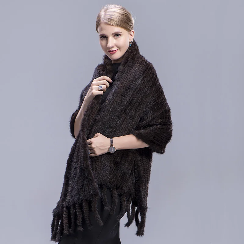 Women Winter 100% Real Mink fur Knit Tassel Scarf Shawl Wrap Stole Scarfs 
