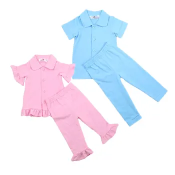 Short sleeve white pyjamas for summer kids ruffle girls sleepwear 100% cotton baby pajamas