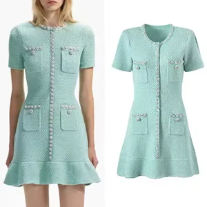 Custom-Made Mint Green Knitted Dress French Style High-End Sweater Dress Pleated Short Sleeves Button Eco-Friendly Natural