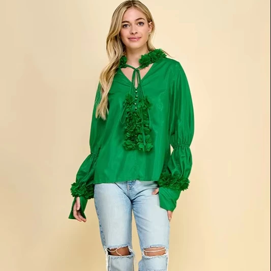 Ladies Romantic Flower Blouse-bubble Sleeve, Collar With 3d Flower Lace Decoration, Suitable For Travel And Vacation - Image 1