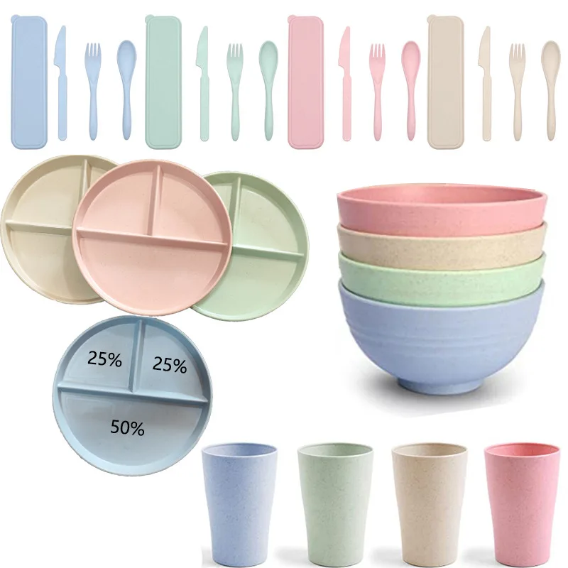 Lightweight Wheat Straw Dinnerware Sets Unbreakable Plates Cutlery Sets Wheat Straw Tableware Set