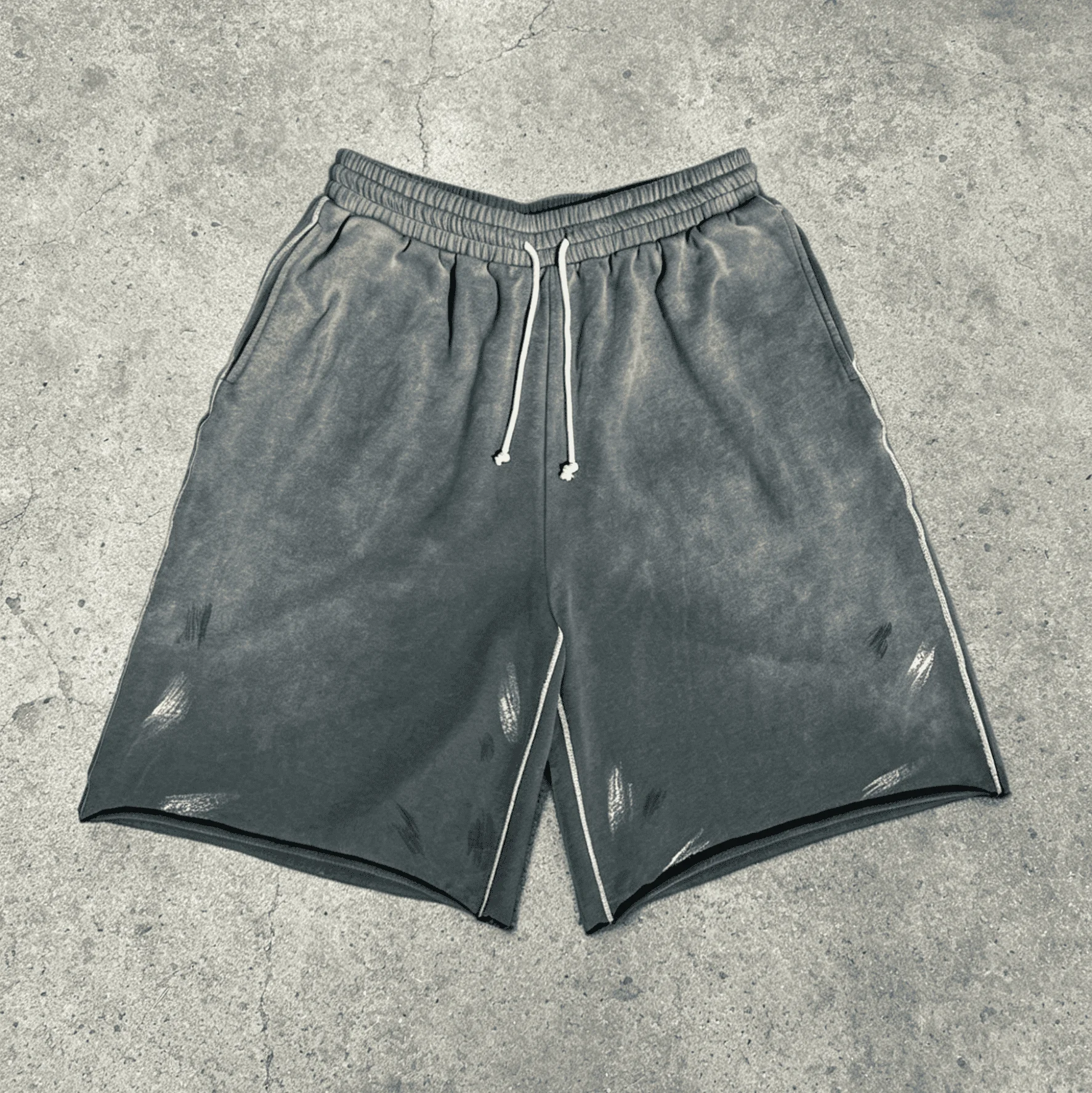 Wholesale Custom Logo Mens Grey Acid Washing Baggy Drawstring Raw Hem Basketball Streetwear Hip Hop Summer Sports Shorts gallery 7