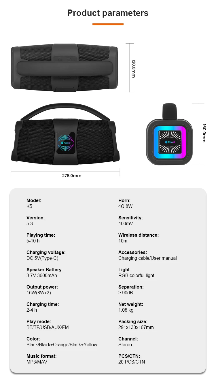 Kisonli K5 16w Blue Tooth Surround Speaker Portable Audio Player