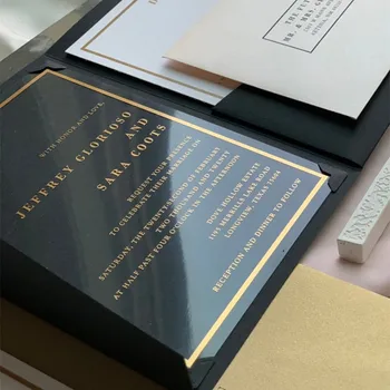 Elegant Pocket Fold Design Black Jacket Gold Foil Clear Acrylic Wedding Invitations