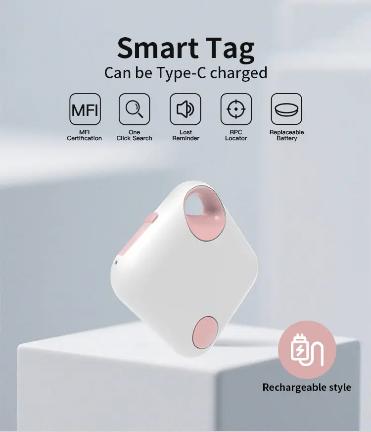 RSH MFi Certified Mini GPS Tracker Type C Rechargeable Key Finder Locator for Apple Devices Wallet Luggage Find My Tag for Dogs factory