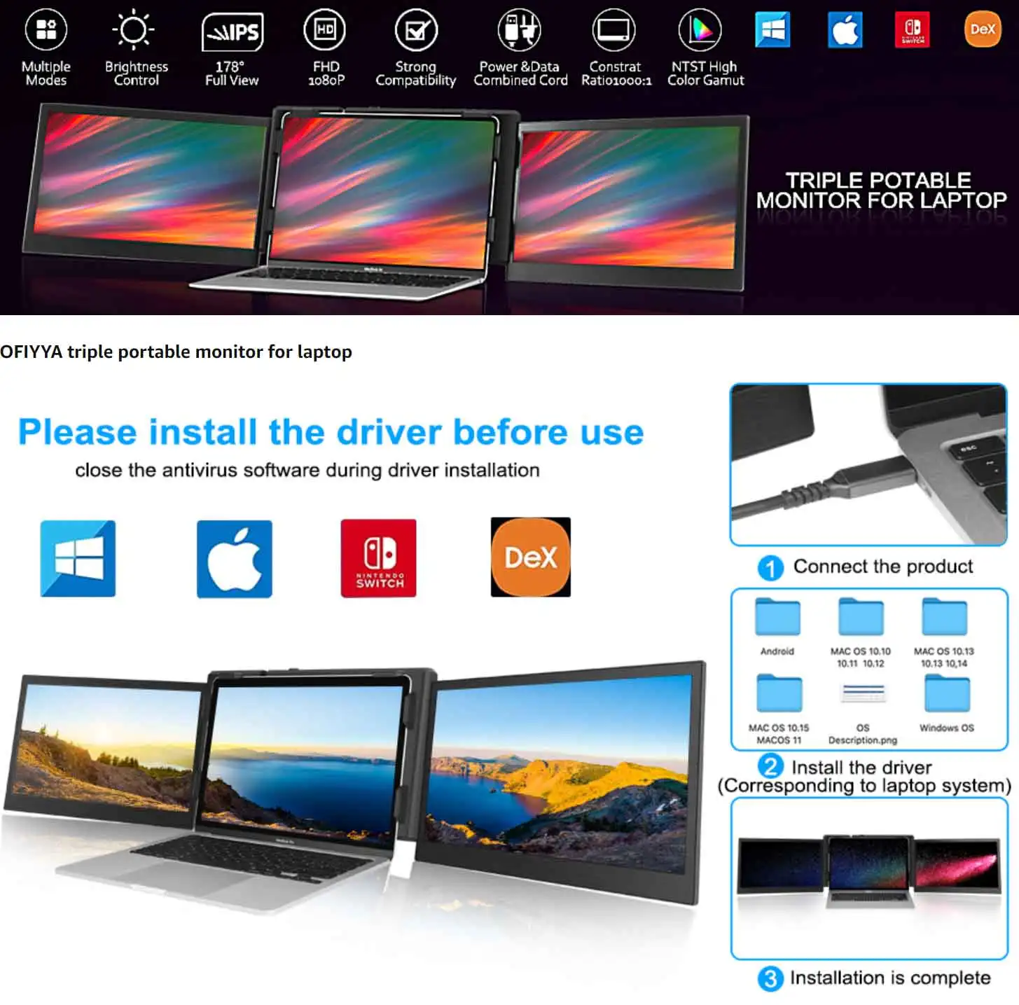 Monitor portátil ofiyaa p2 pro triplo, monitor de tela de 13.3