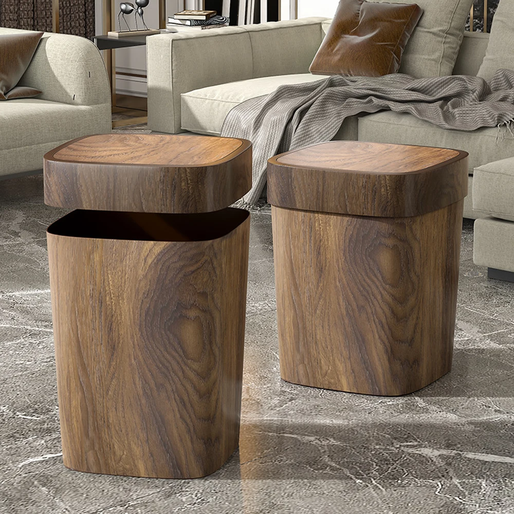 GREENSIDE Classic Waste Bin Wood Pattern Waste Trash Can Square PP Hotel Garbage Can Lid Home Kitchen Bathroom Dustbin Push Type