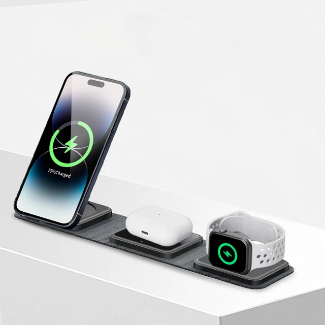 OEM new products FCC CE Rohs  portable  Desktop Cellphone Foldable Quick magnetic Charge Dock 3 in 1 Wireless Charger Station