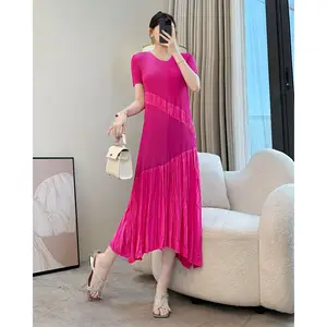 Miyake All- Match Summer Dress Rose Red Straight Pleated Dress Short Sleeves Slimming Floor-Length Western Style New Arrival