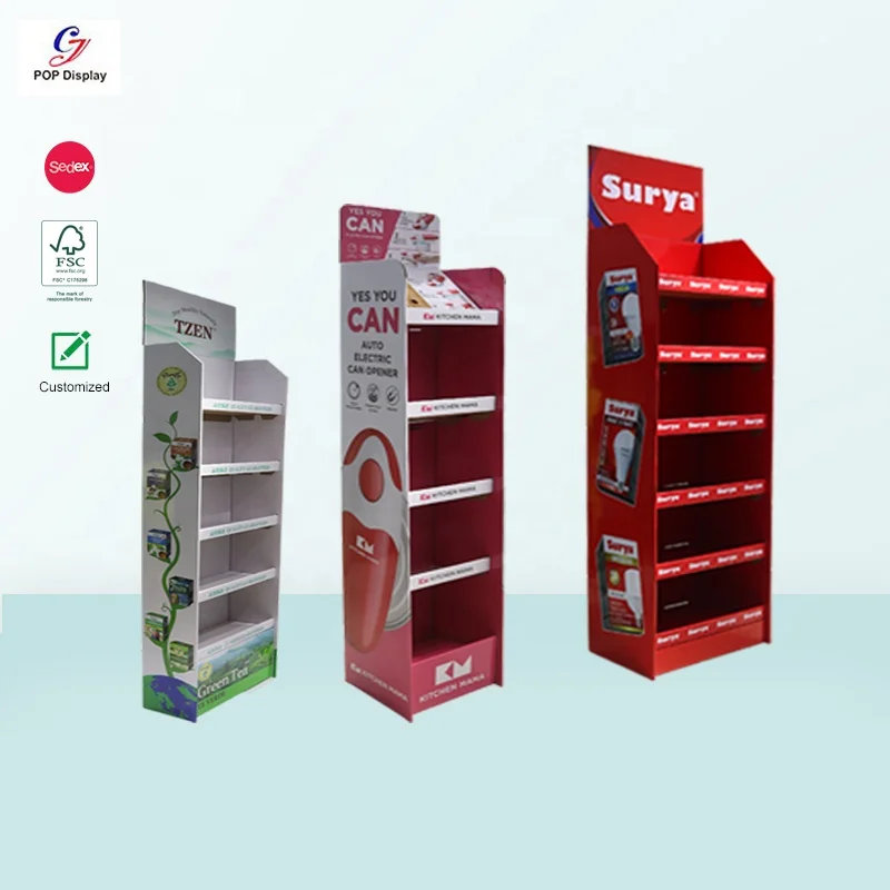 Customized Logo Print Pop up CYJ Paper Corrugated Floor Retail Display Stand Shelf for LED Light Bulb Product Cardboard Display