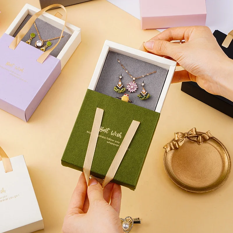 Custom Soft Foldable Cardboard Sliding Drawer Gift Box Carton With Handle Gift Jewelry Display Box With Flocked Foam Insert