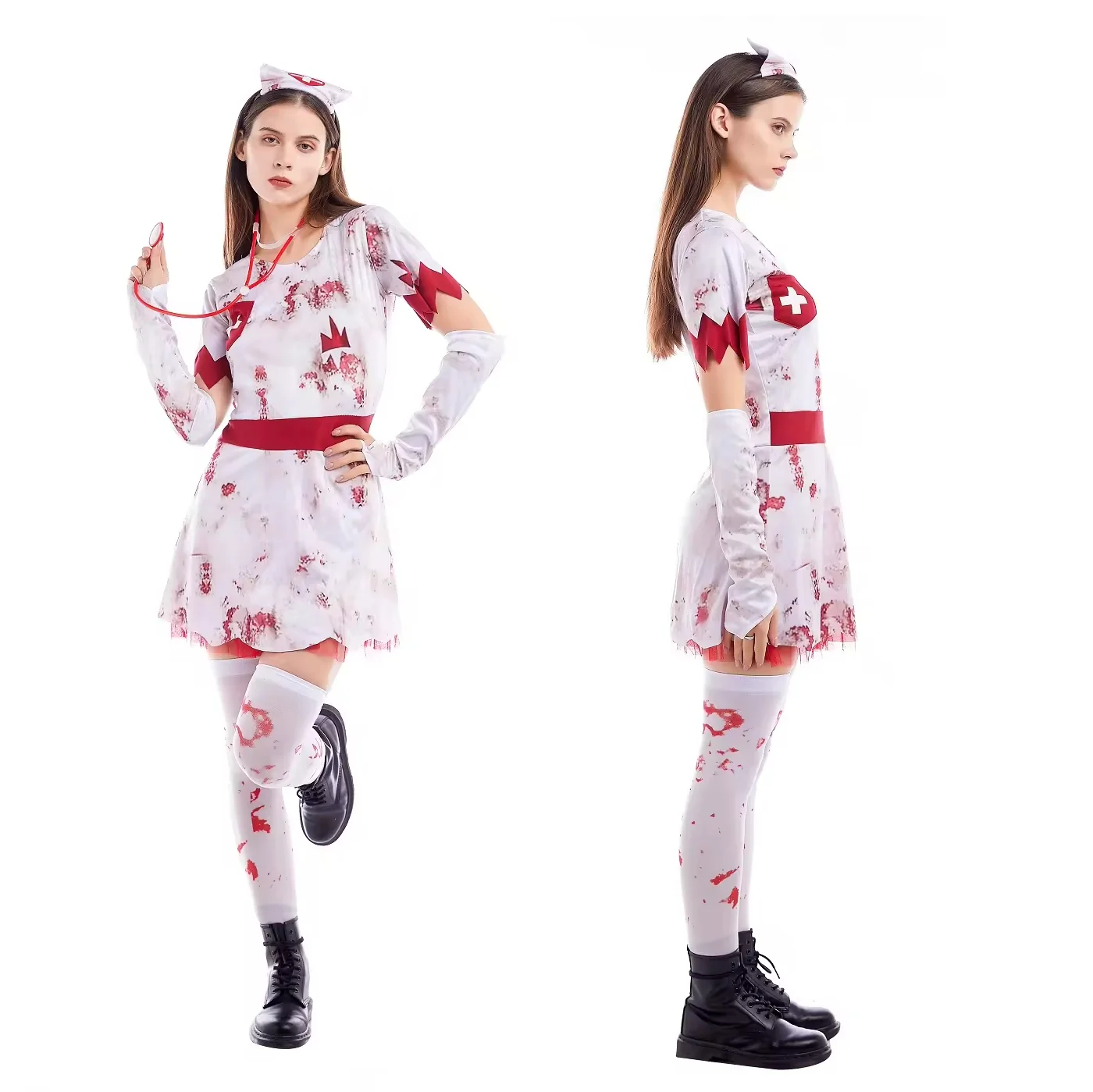 Costume D'infirmière Zombie – Déguisement Halloween Femme, Rouge Et Blanc, Avec Accessoires Sanglants