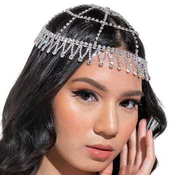 SHIHAN Luxury Crystal Forehead Headpiece Tassel Bridal Head Chain for Women Handmade Rhinestone Hair Pieces Headwear Accessories