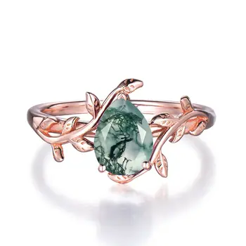 Pear Shape Natural Green Moss Agate Engagement Leaf Ring with Gemstone Solitaire Ring Vintage 14K Gold Unique Promise Ring