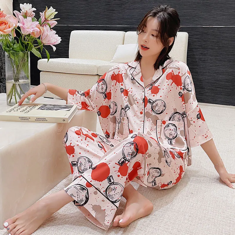Korean High Quality Silk Pink Print Short Sleeve Pajama Set Sleepwear For  Women Pantulog
