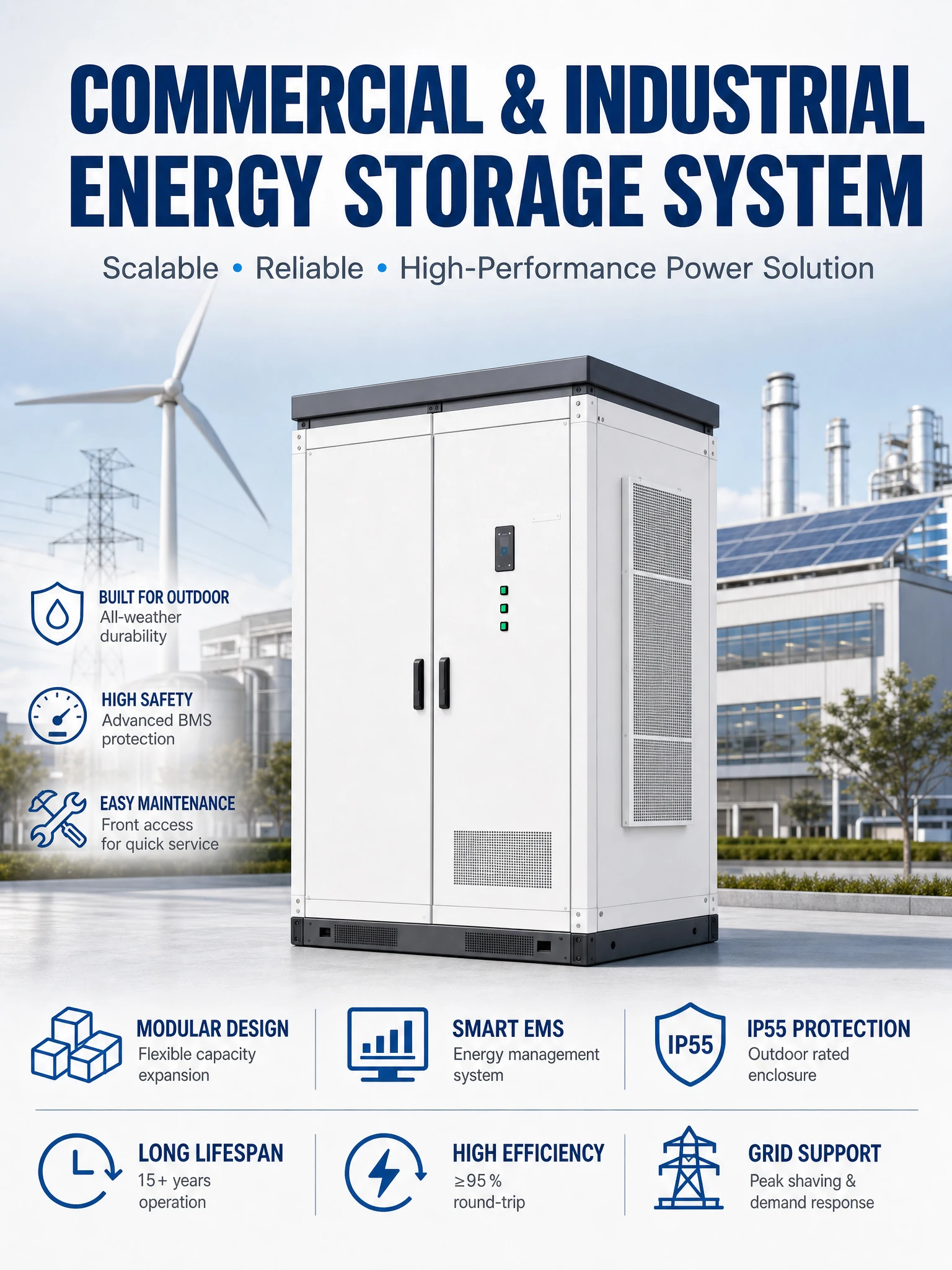 Factory Direct Commercial Industrial Energy Storage System LiFePO4 Battery Cabinet Solar Backup Peak Shaving Power Solution