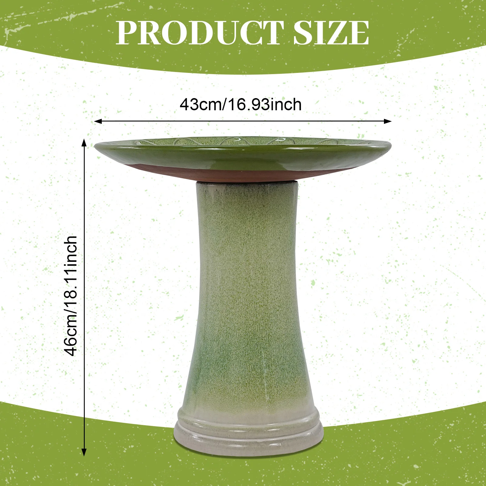 Handmade 16.93-Inch Diameter 18.11-Inch Height Green Gradient Glaze Ceramic Bird Bath for Outdoor Garden Birds Backyard Birding - Image 3