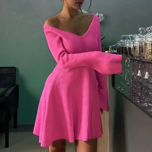 Fashion Long Sleeve V-neek Ruffle Hem Female Mini Sweater Dresses Solid Sexy Waist Lady Robe 2024 Women Knit Dress