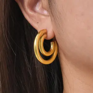 Simple Women Basic Style Hypoallergenic Geometric Hoop Earrings Stainless Steel Double C-shaped Earring