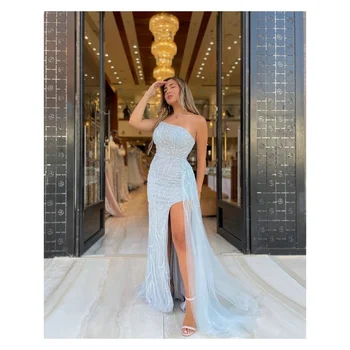 Stunning Special Design Off The Shoulder Sleeveless Beading Sequined Couture Mermaid Long Prom Dress Gown With Detachable Train