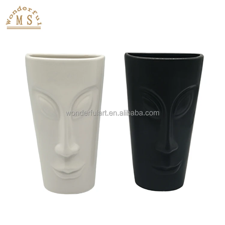 Modern Ceramic Face Vases for Home Decor Carved Art Face Style flower Vases Black and White Human Face Vase Creative Statue Pot