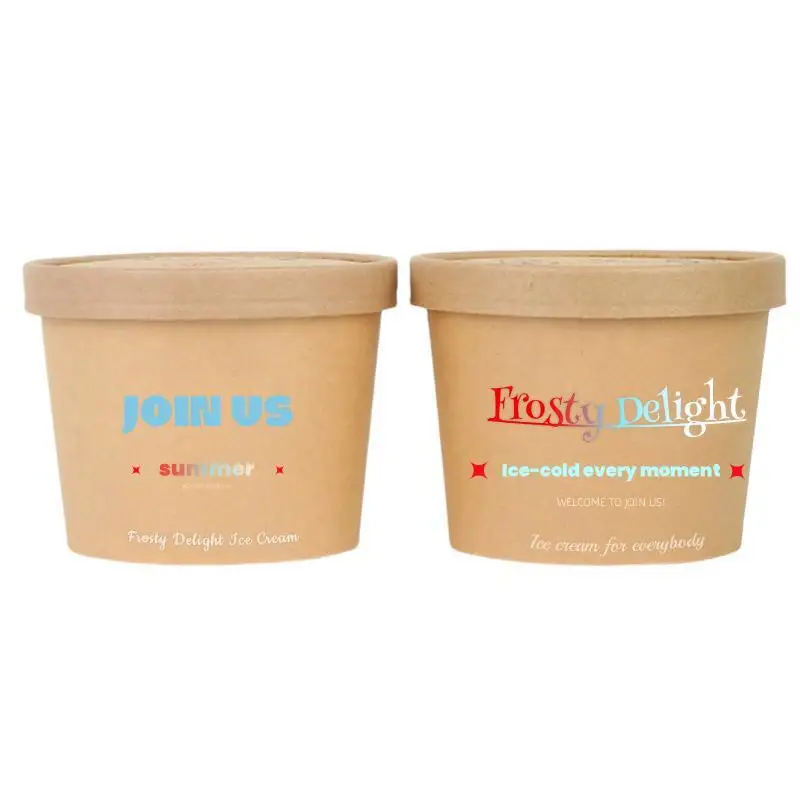 Custom paper bowls Wholesale Various Sizes Kraft Bamboo Fiber Waterproof Ice Cream Tub with Lid for Frozen Dessert Packaging