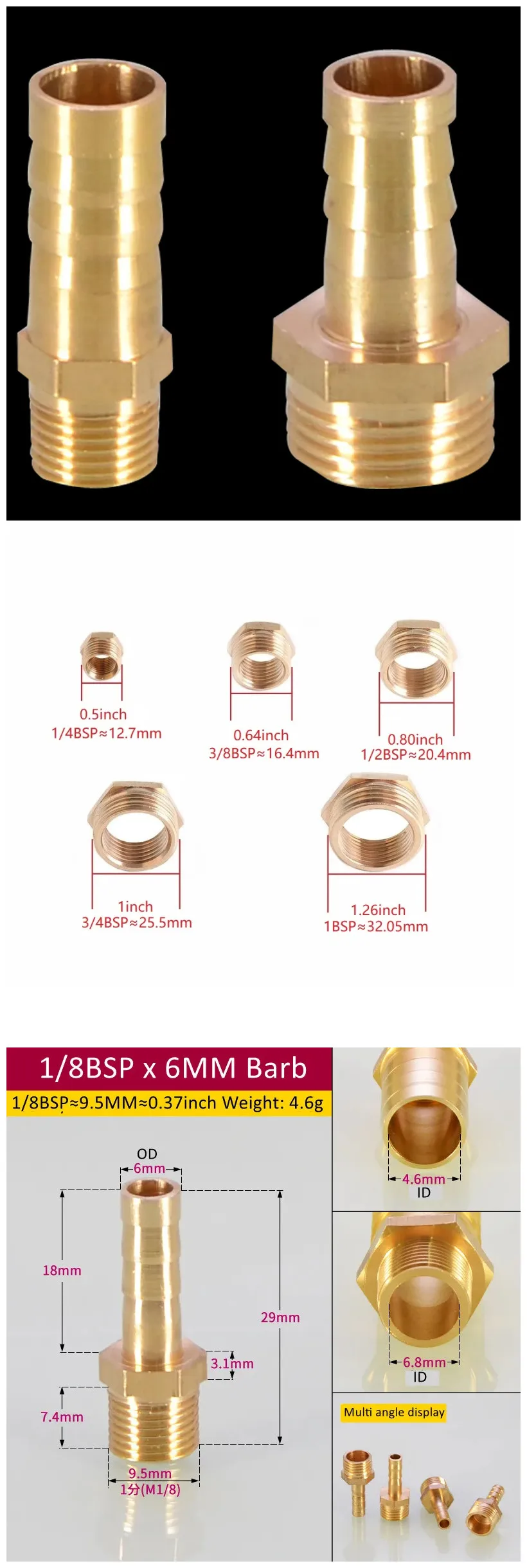 Brass Pipe Fitting 6/8/10/12/14/16mm Hose Barbs Tail 1/8