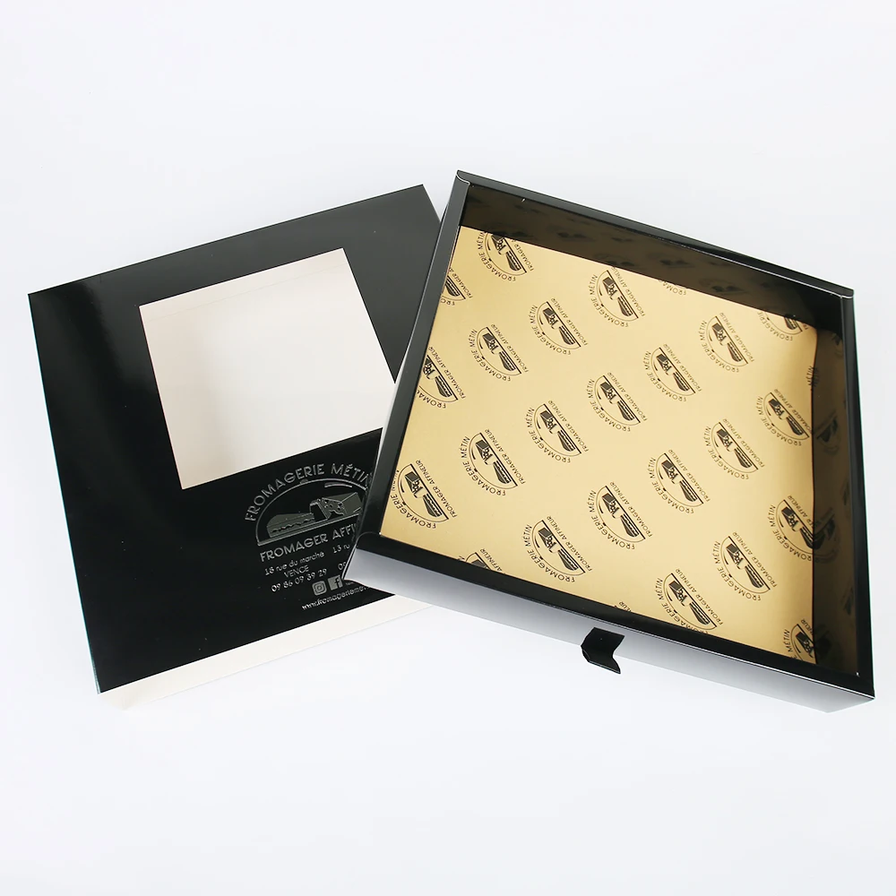 Customized High-End White Folding Card Drawer Box Silver Hot Stapling PVC Window Design UV Kraft Liner Foil Premium Food