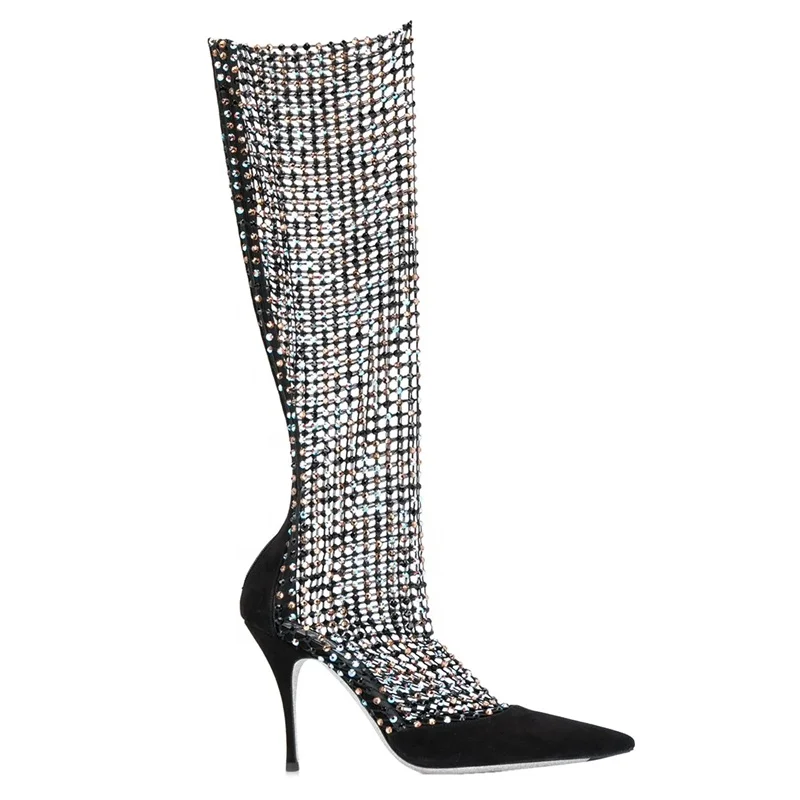Botas De Tacón Alto De Aguja Para Mujer,Calzado Transpirable Brillante Con  Diamantes De Imitación Y Punta Puntiaguda - Buy Stiletto Super Alto Tacón  Tela De Pantalla Diamante De Imitación Brillante Plataforma Sexy