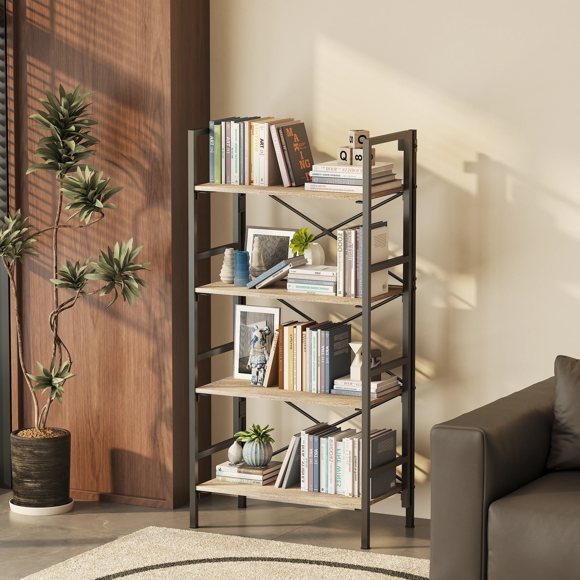 4-Tier Foldable Metal Bookshelf Melamine Style Space-Saving Storage for Bedroom Hotel Home Study & Living Room Furniture