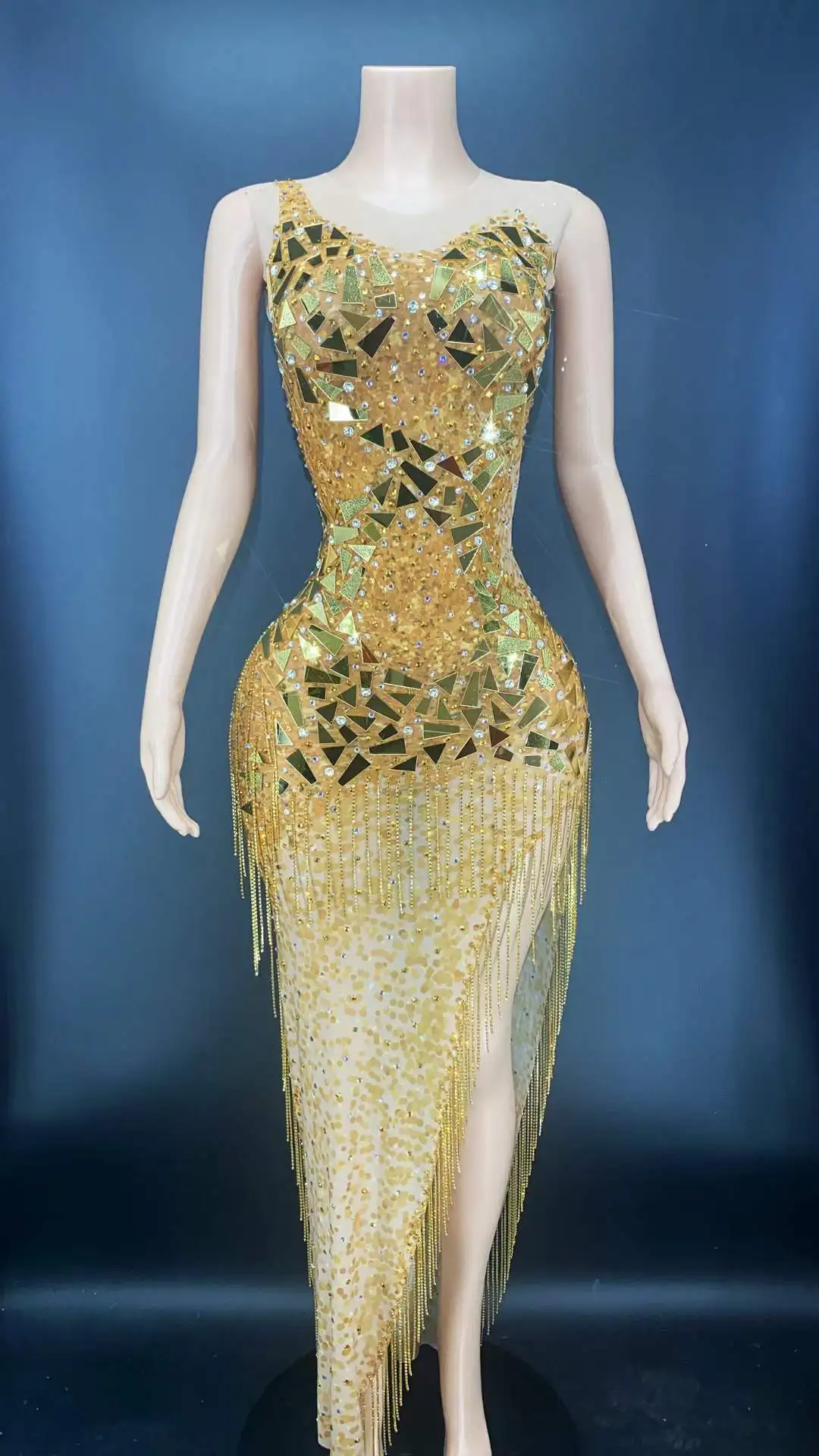 AD1148 New Trend Clothing Dressing Mirror Tassel Irregular Crystal Beads  Evening Women Party Dress Sequin Gown