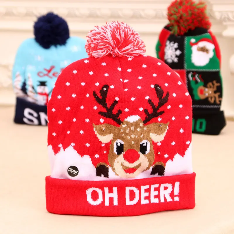 New Style Led Christmas Hat Light-Up Sweater Knitted Santa Claus Christmas Gift Kids Adult Xmas Christmas Hats with Led Lights