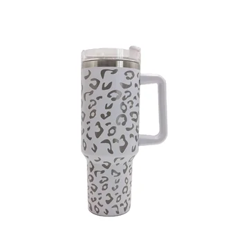 American Style leopard wholesale customized stainless steel metal mug travel coffee cup 40oz tumbler with handle and straw