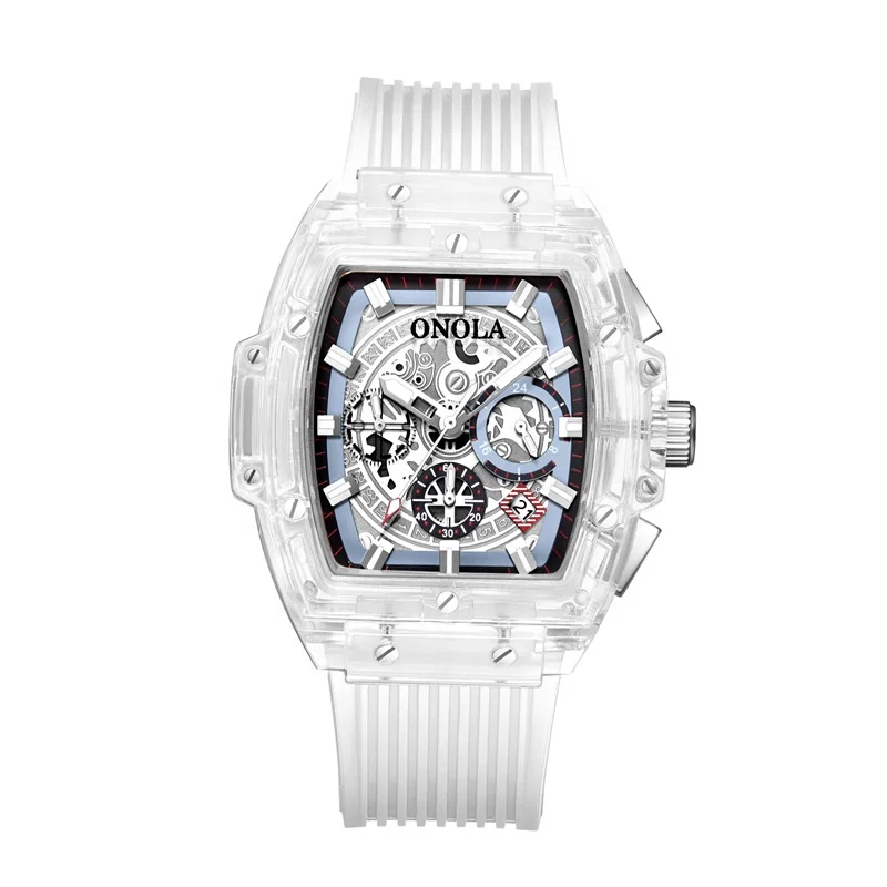 Top Brand Original ONOLA 6811 Oval Fashion Silicone Glass Sports Transparent Luminous Chronograph Quartz Watch for Men