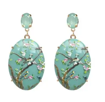 00193-19 New exquisite Chinese style gemstone drop earrings vintage flower and bird painting resin acrylic earrings